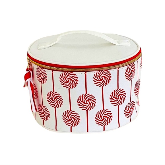 NEW Clarins Cosmetic Case — Round w/ Striped Candy Design & Red Interior NWOT - Picture 1 of 8